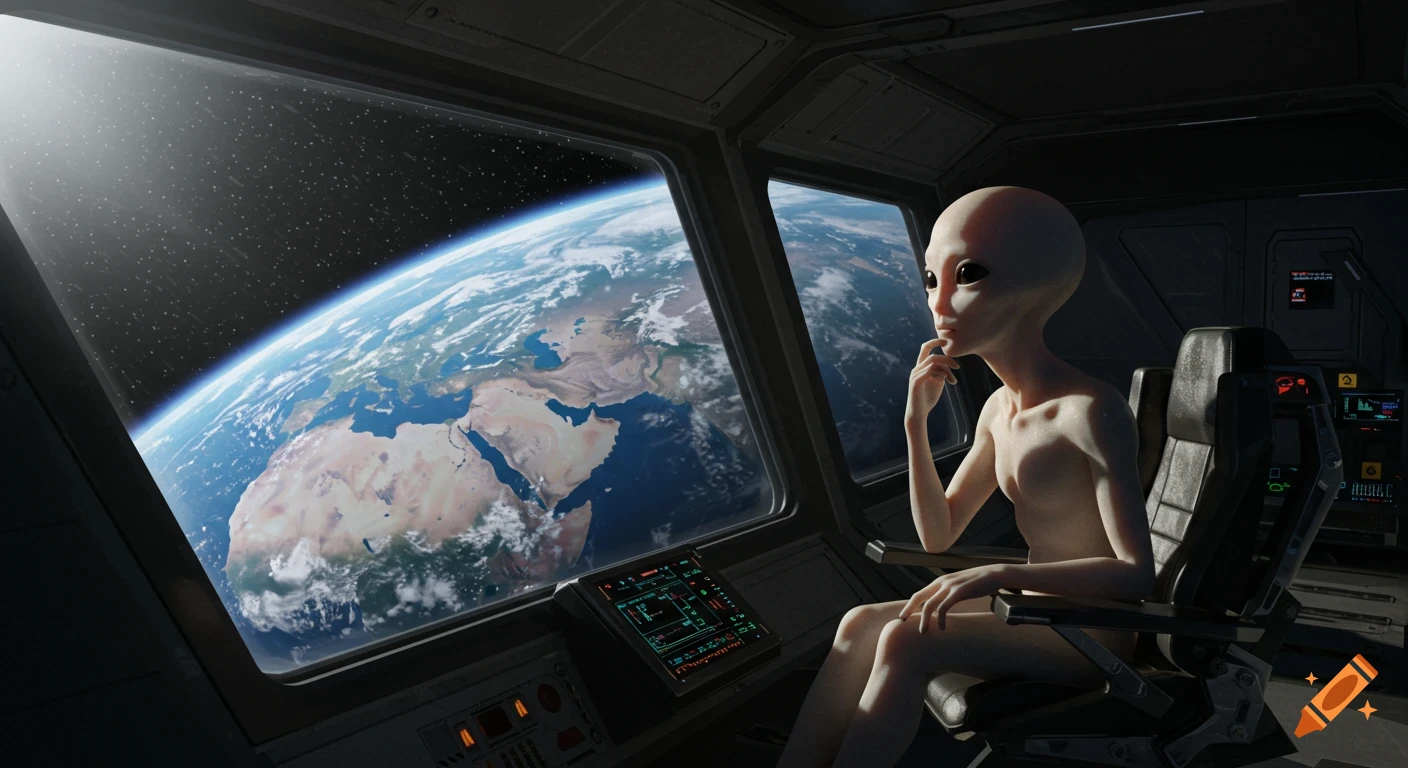A humanoid alien sits in a futuristic spaceship cockpit, thoughtfully gazing out a large window at planet Earth below.