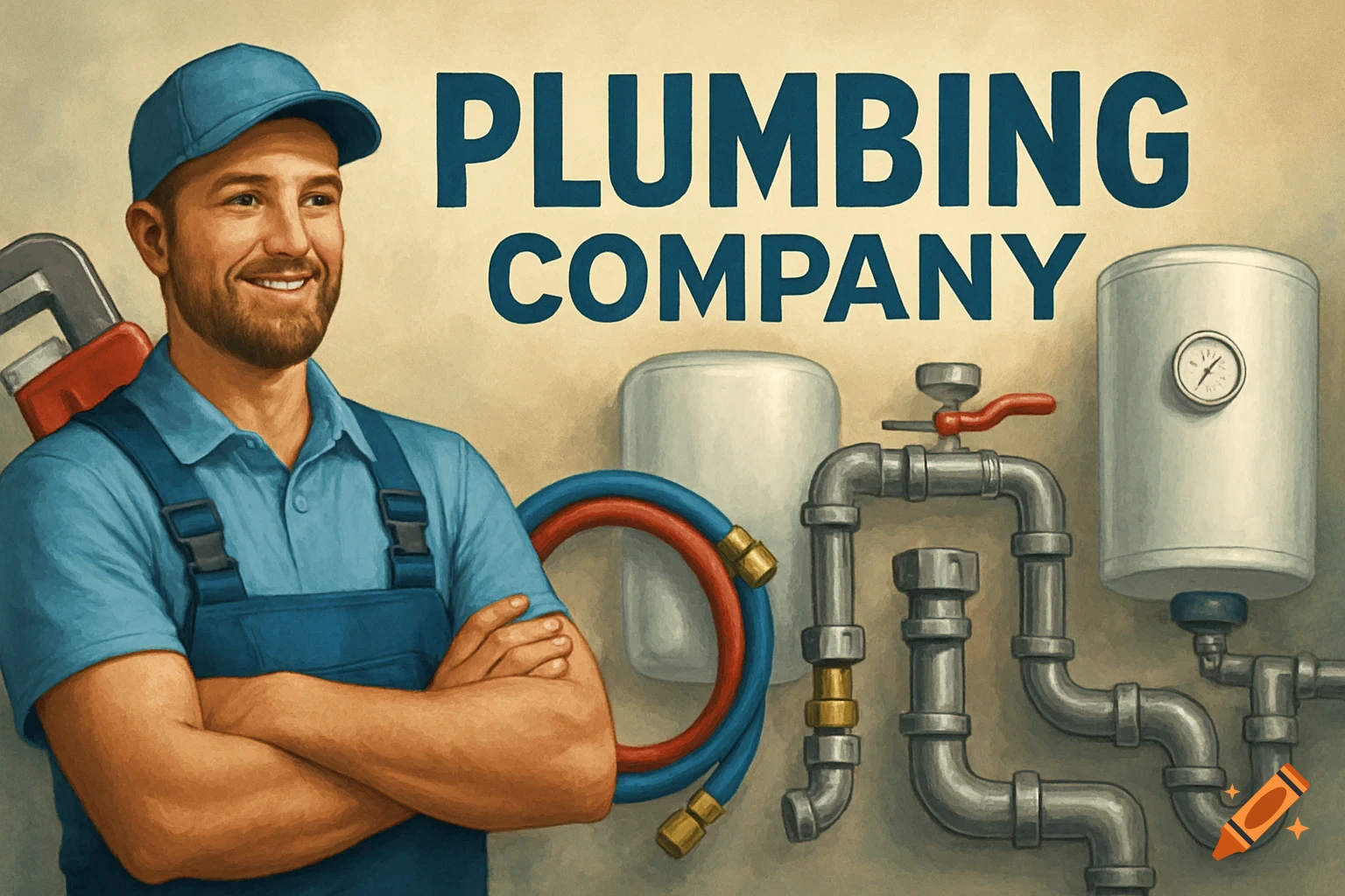 Smiling male plumber in blue uniform and cap with crossed arms next to plumbing pipes, a water heater, and a wrench. Text reads 'PLUMBING COMPANY'.