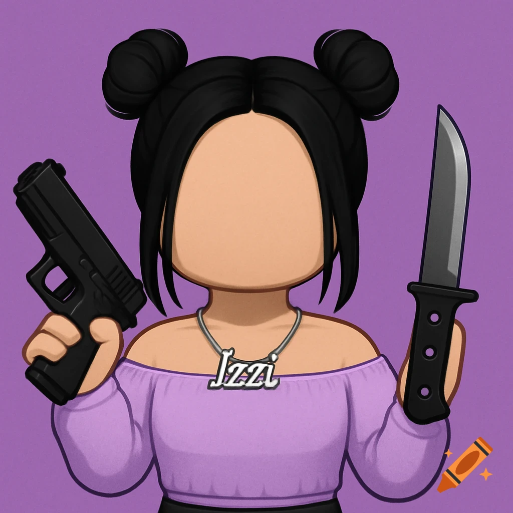 Stylized avatar character with black space buns, wearing a lavender off-shoulder top, holding a black pistol and a knife, with an "Izzi" necklace, against a purple background.