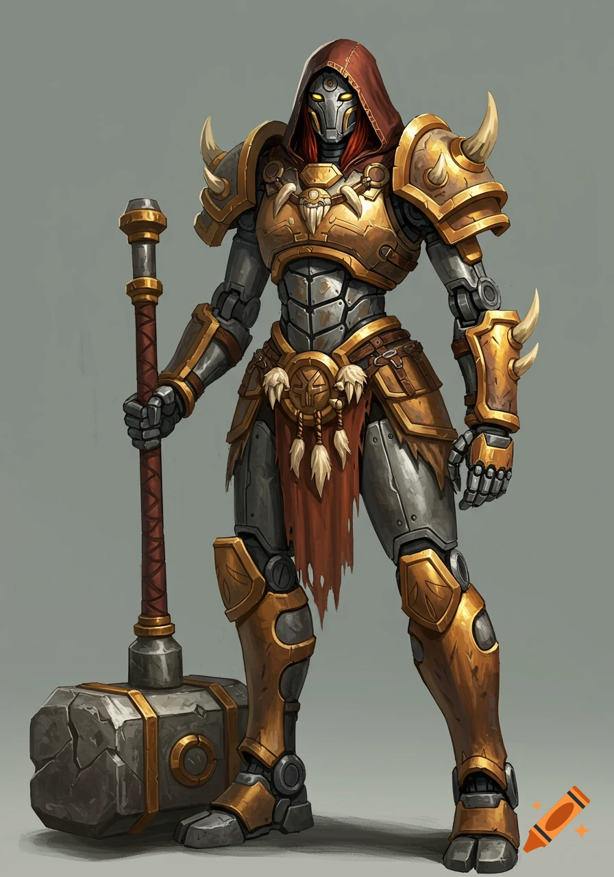 A detailed fantasy warforged robot in golden armor with a red hood, holding a large stone hammer.