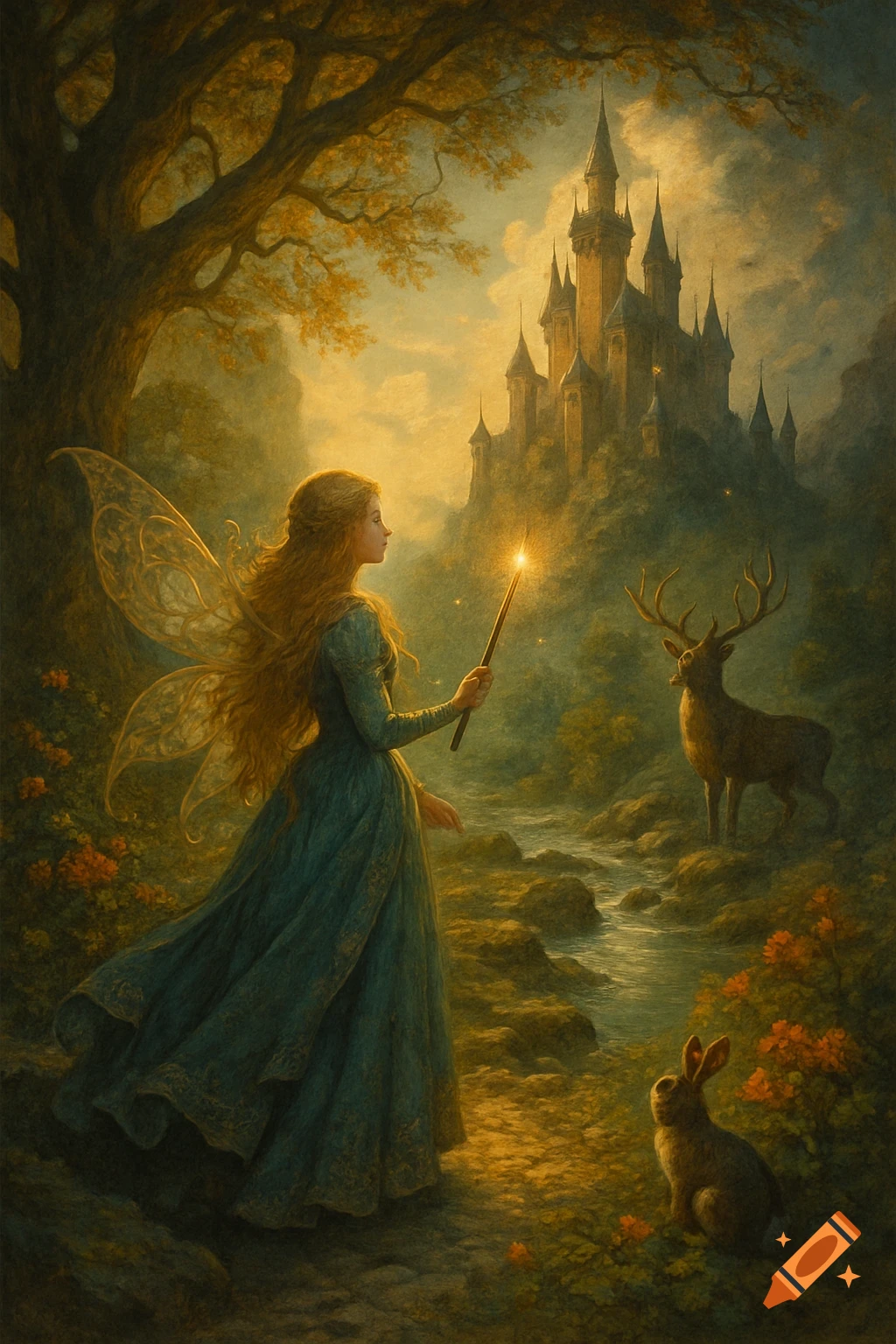 A fairy with wings and a glowing wand stands in a lush, golden-lit forest with a castle, a deer, and a rabbit.
