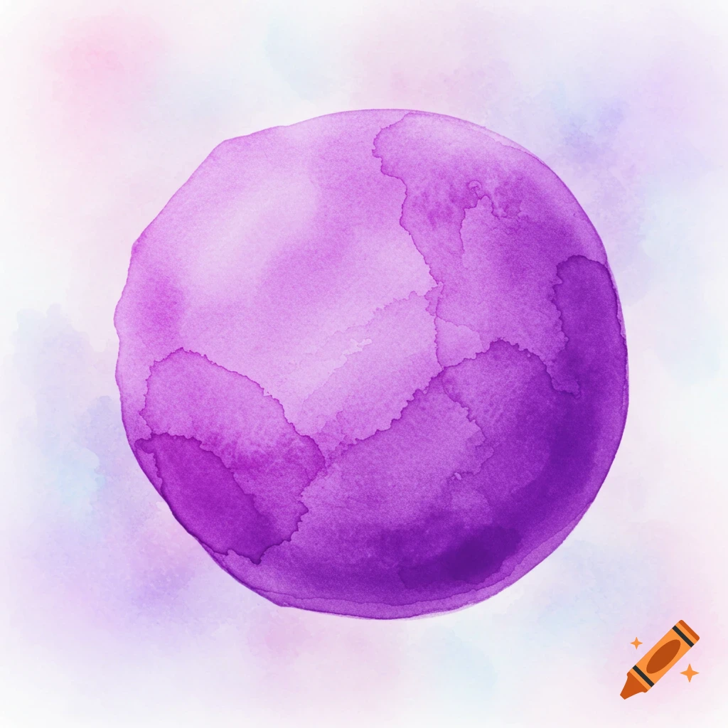 A large purple watercolor sphere with varying shades, set against a light background.