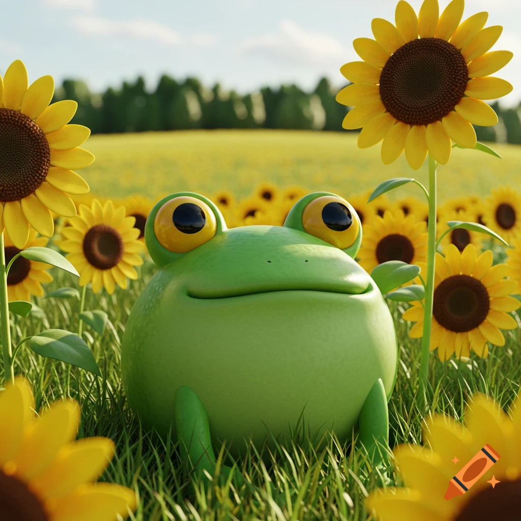 A cute, round green frog smiles from a sunny field of yellow sunflowers, rendered in a bright 3D illustration style.