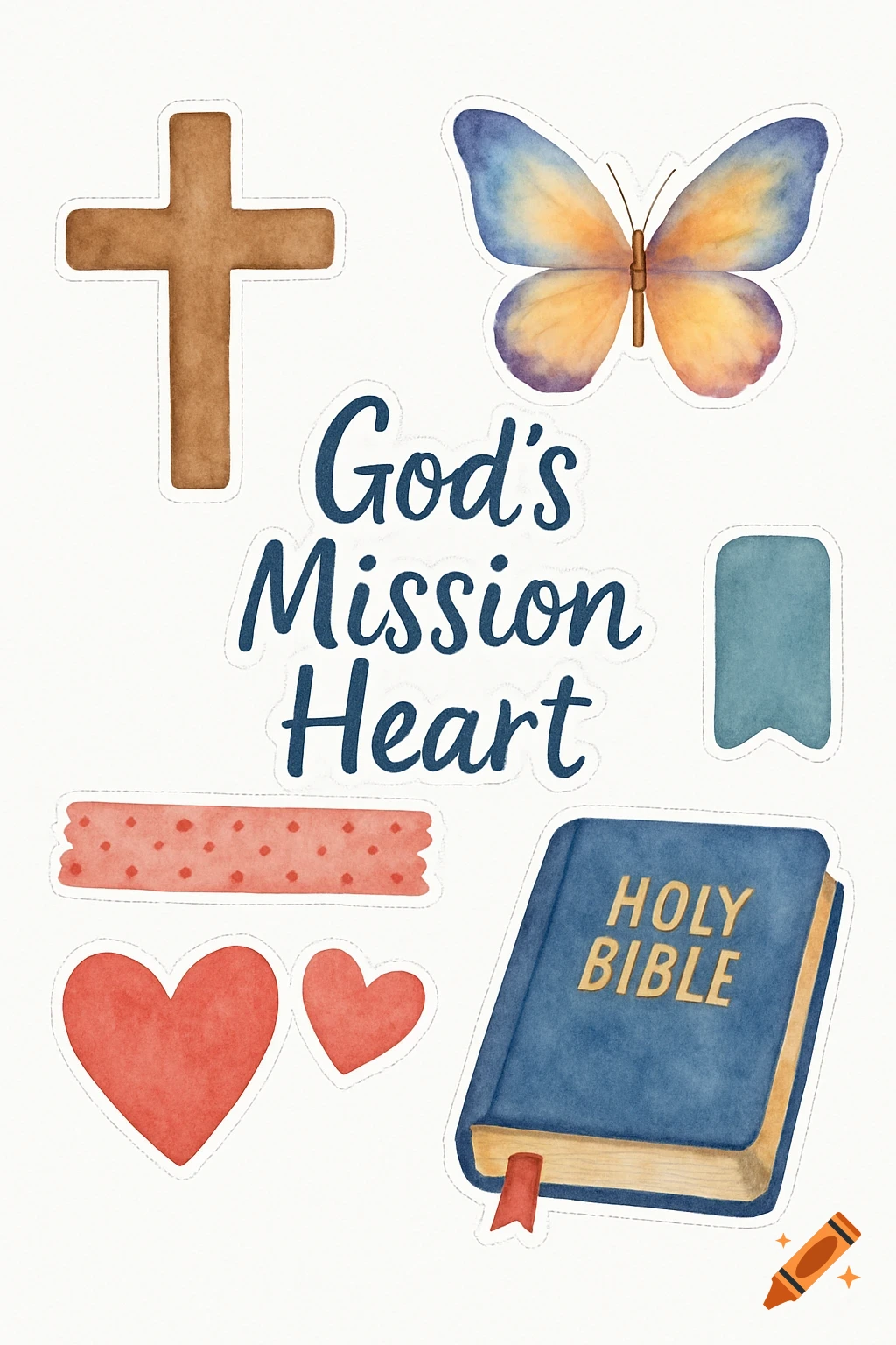 Watercolor-style stickers including a cross, butterfly, hearts, a bible, and text 'God's Mission Heart' on a white background.