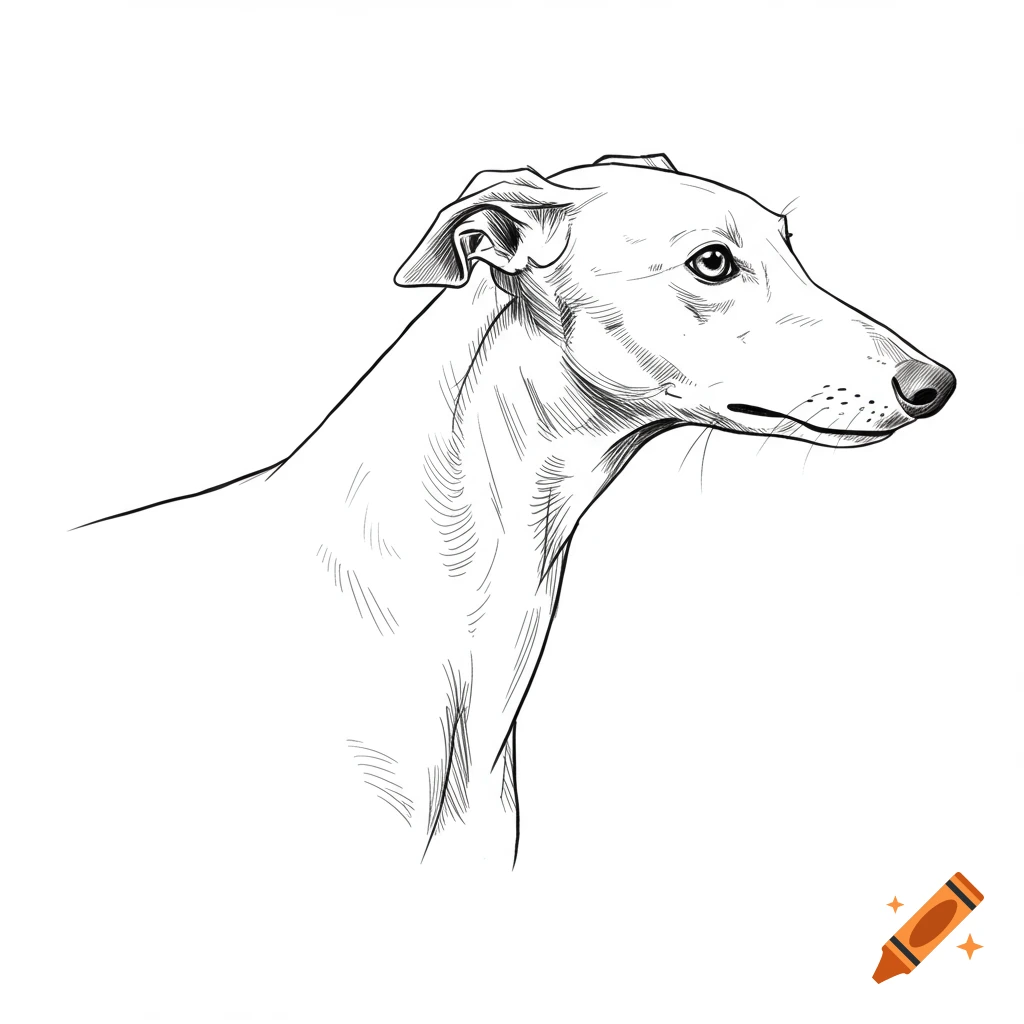 Line drawing of a greyhound's head and neck in profile.