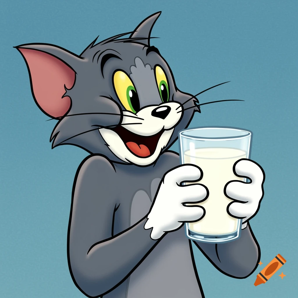 Tom the cat from Tom and Jerry cartoon holding a glass of milk.