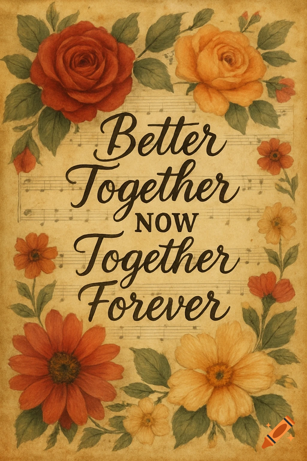 Vintage floral design with red and orange flowers on an antiqued music sheet background, featuring the text 'Better Together Now Together Forever'.