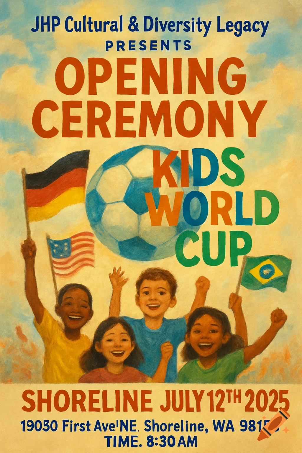 A colorful illustrated flyer for the 'JHP Cultural & Diversity Legacy Presents Opening Ceremony Kids World Cup'. It features a large soccer ball, and four smiling children holding flags from Germany, USA, and Brazil. Event details including date, time, and location are at the bottom.