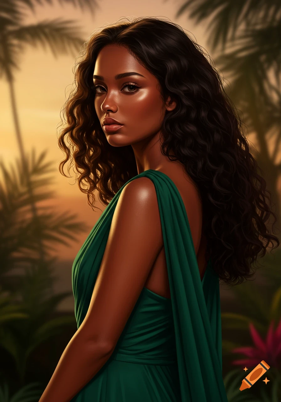A photorealistic portrait of a woman with dark wavy hair and glowing skin in a green dress, set against a tropical sunset background.