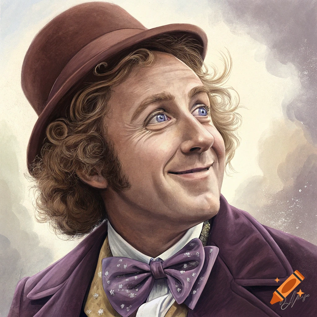 A detailed painting of Gene Wilder as Willy Wonka, smiling and looking up, wearing a brown top hat, purple jacket, and purple bow tie.