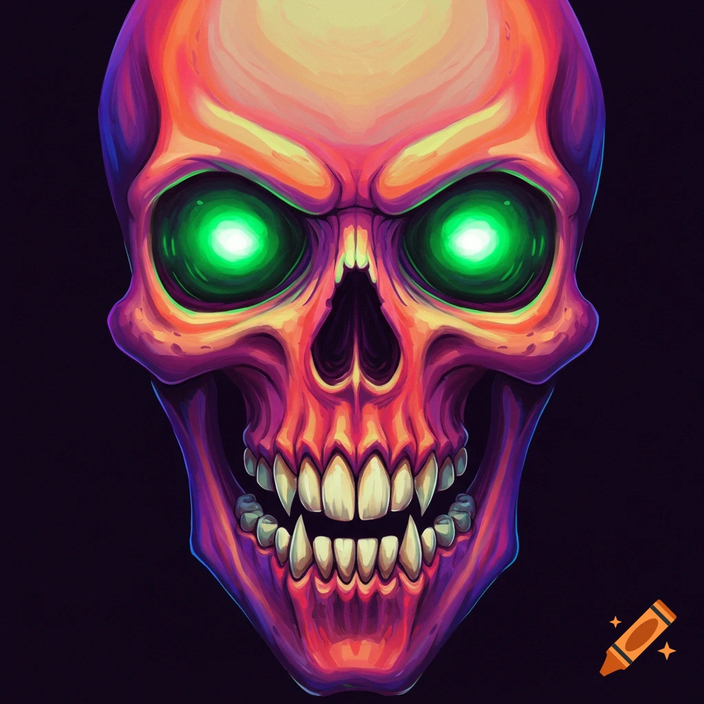A vibrant, cartoonish skull with glowing green eyes against a dark background.