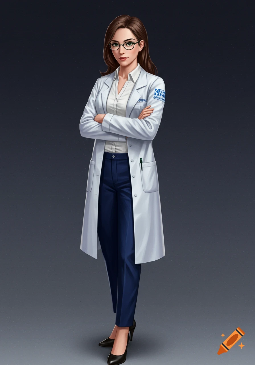 A serious female scientist with long brown hair and green glasses wears a white lab coat, blue pants, and black heels, standing with arms crossed.