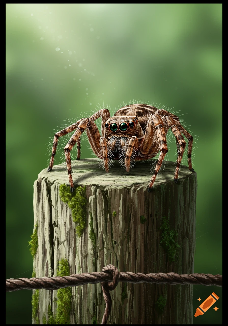A detailed jumping spider with green eyes sits on a moss-covered wooden post against a blurred green background.