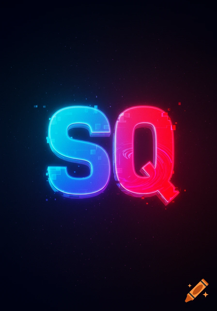 The letters 'SQ' in neon blue and red, with a digital glitch effect on a dark, speckled background.