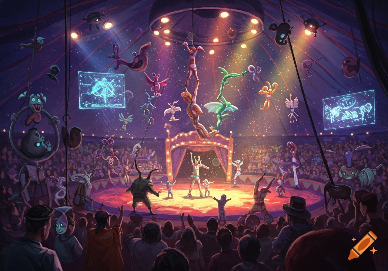 A vibrant fantasy circus inside a big top, with various alien-like creatures performing acts for an audience.