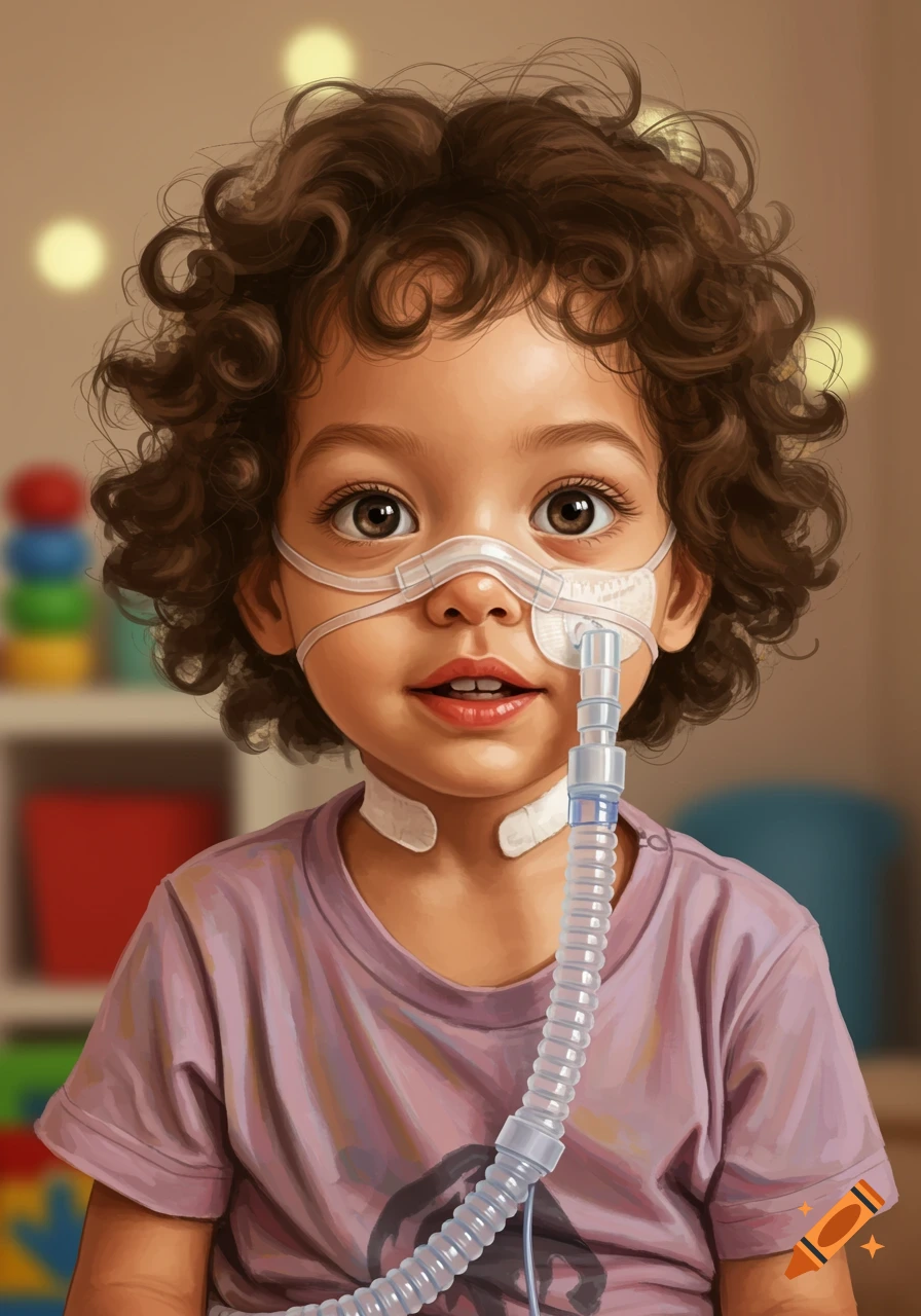 Illustrative portrait of a young child with curly brown hair, wearing a tracheostomy tube on their face and neck.