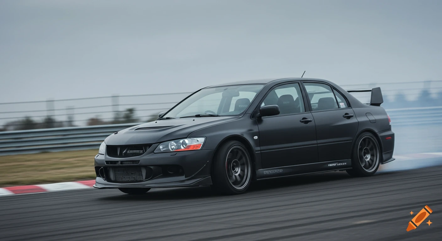 A matte black Mitsubishi Lancer Evolution drifts around a corner on a race track under a gray sky.