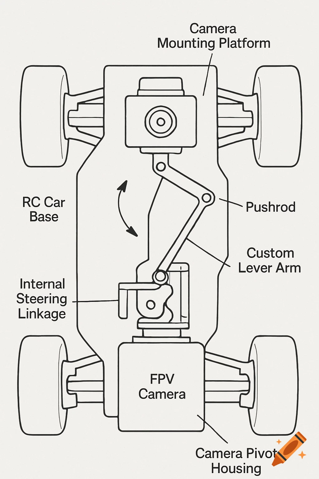 Black and white line diagram of an RC car's front section with labeled camera panning mechanism.