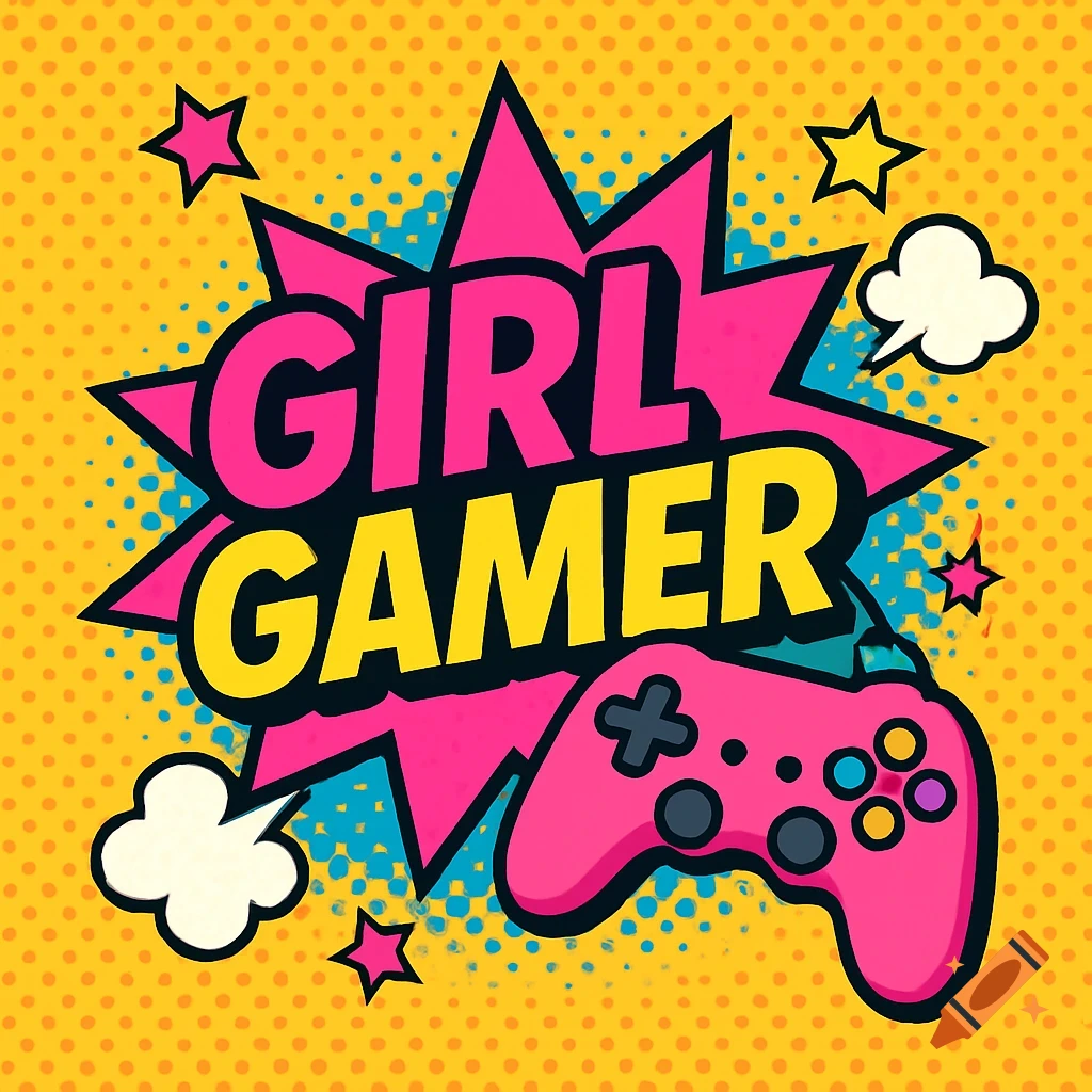 Pop art style logo featuring a pink video game controller and the text 'GIRL GAMER' with stars and speech bubbles on a yellow polka dot background.