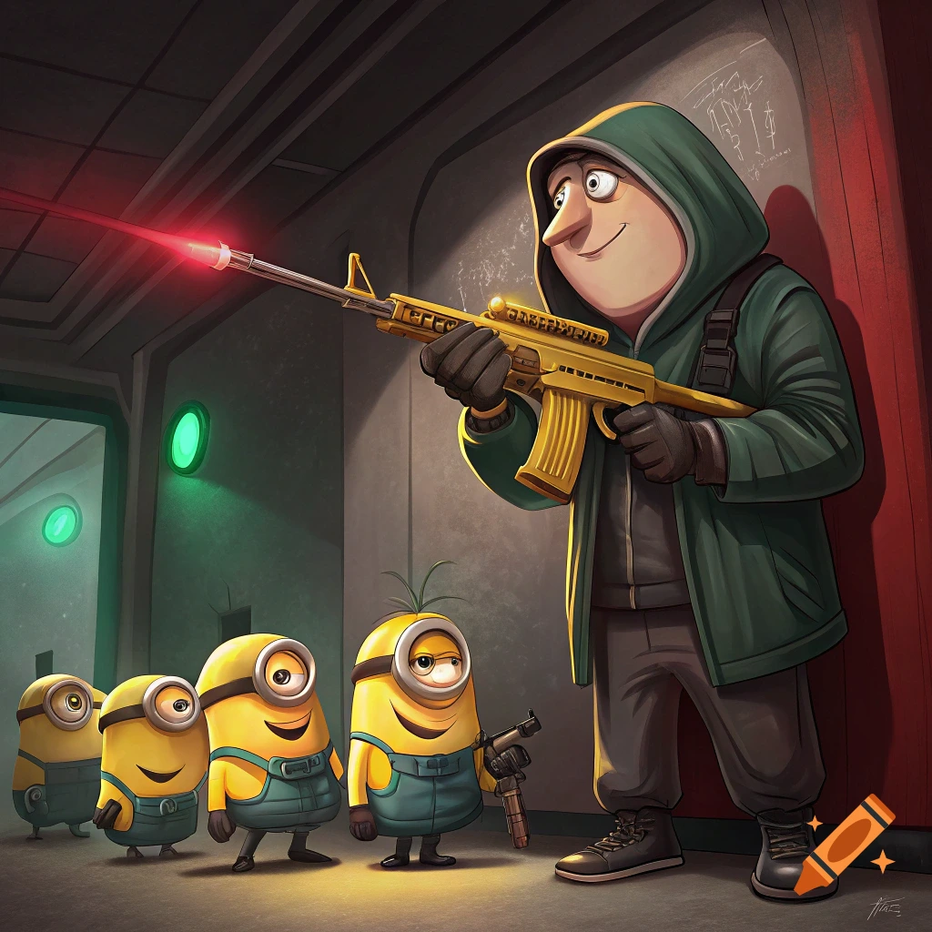 Gru in a hooded jacket and gloves, holding a golden assault rifle with a red laser, stands beside four minions.