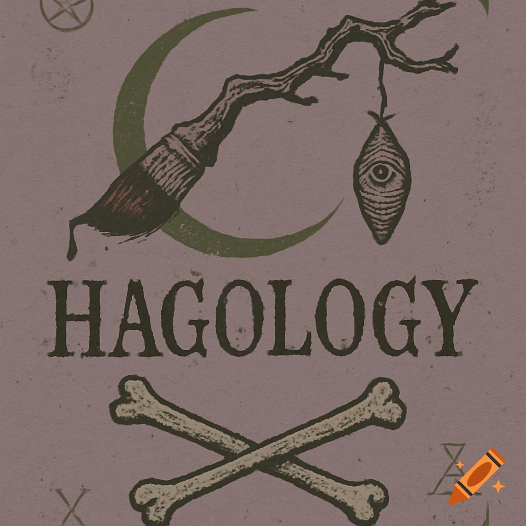 A distressed vintage-style logo for 'HAGOLOGY' featuring a gnarled paintbrush, an all-seeing eye cocoon, a crescent moon, and crossed bones on a dusty purple background.