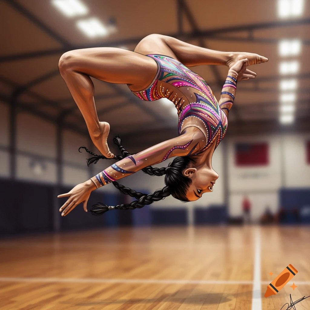 Digital illustration of a female gymnast in a colorful leotard doing a backflip in a gymnasium.