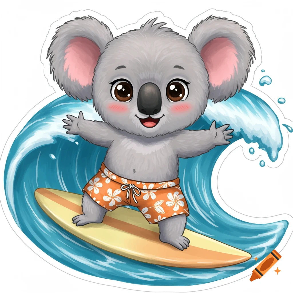 Cute baby koala surfing on a wave, wearing orange Hawaiian print shorts, in a cartoon sticker style.