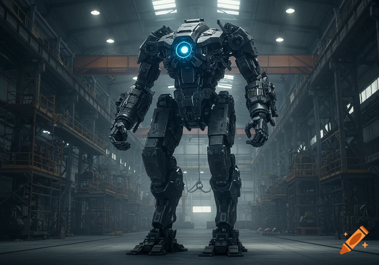 A massive dark grey bipedal robot with a glowing blue chest core stands in a large, dimly lit industrial factory.