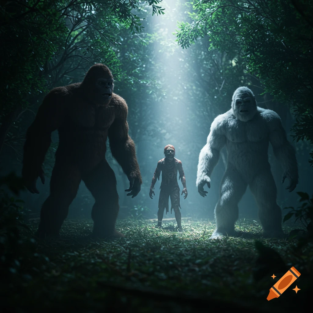A photorealistic image of a brown Bigfoot and a white Yeti staring at a zombie in a misty forest illuminated by a light beam.