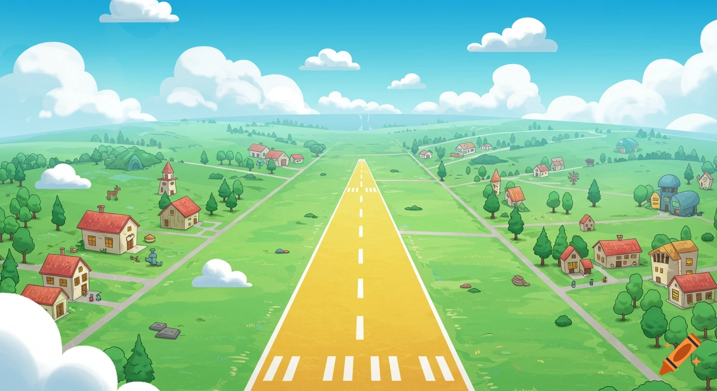 A cartoon bird's eye view of a vast green landscape with a long yellow runway, scattered houses, and trees under a blue sky.