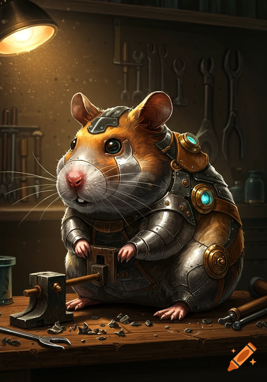 A cute hamster wearing intricate steampunk armor works at a workbench in a dimly lit workshop, surrounded by tools.