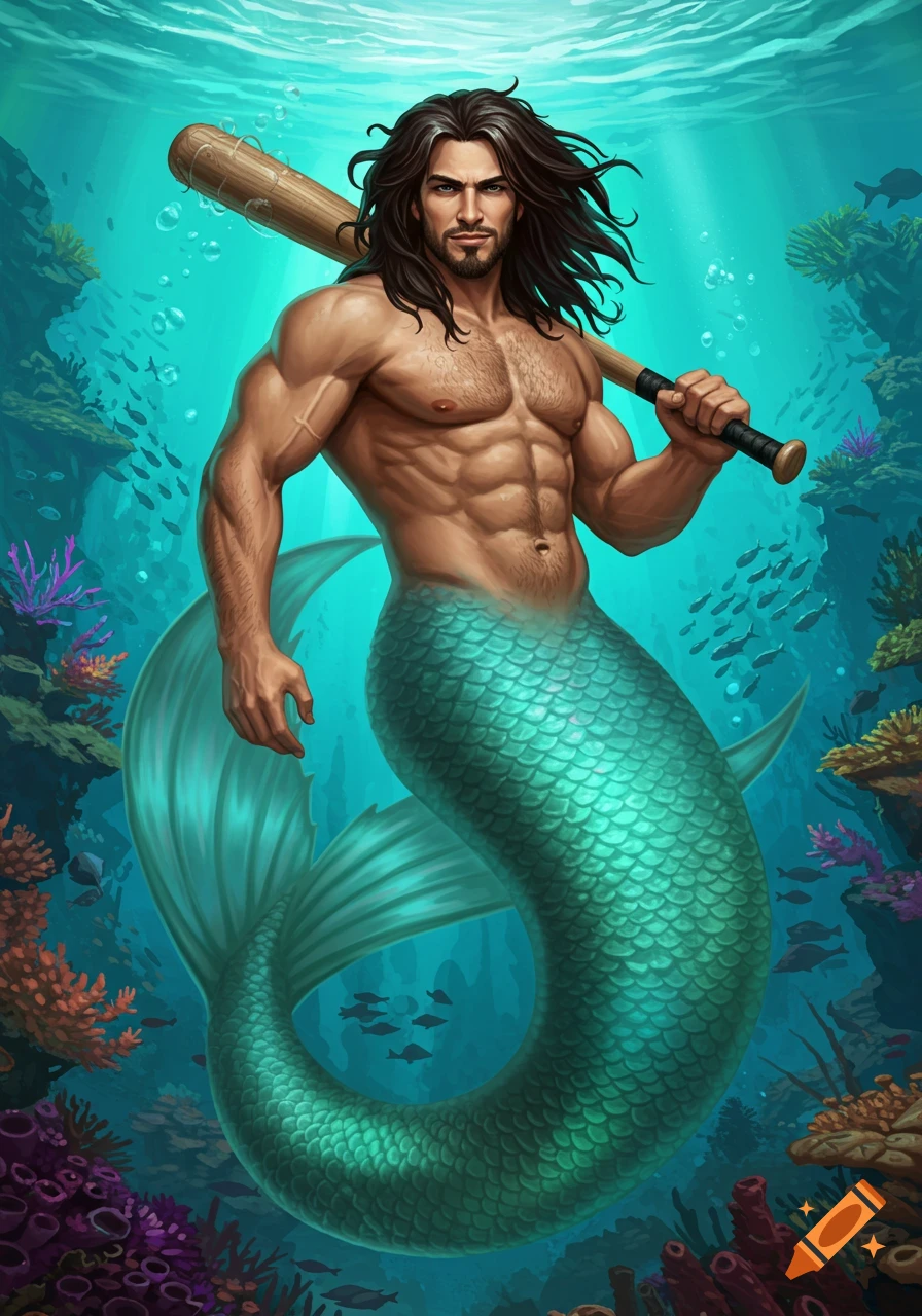 A muscular merman with long hair and a beard holds a baseball bat over his shoulder underwater, surrounded by coral and fish.
