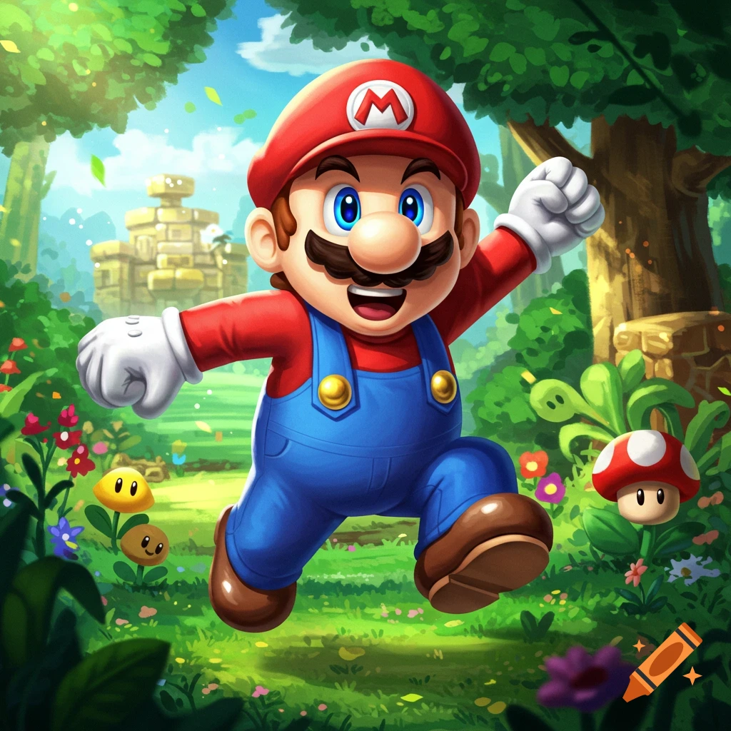 Mario jumping through a vibrant, lush green forest with plants and a temple in the background in a stylized illustration.