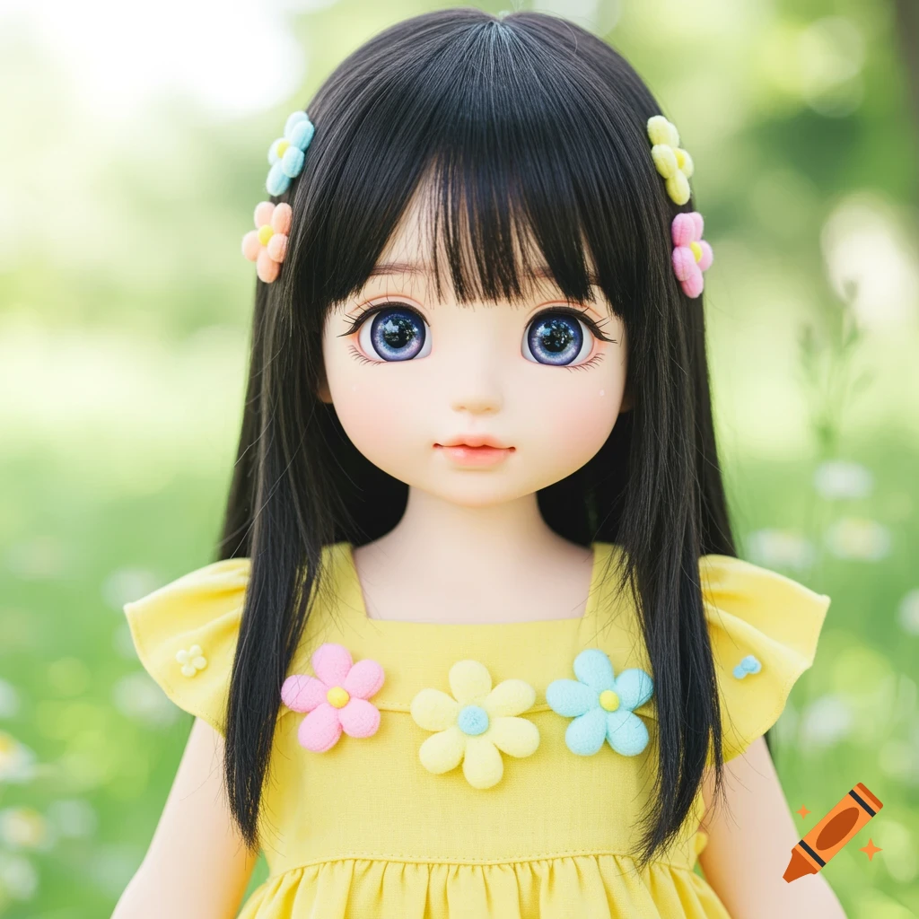 Close-up of a doll with large blue eyes, long black hair with pastel flowers, wearing a yellow dress, against a blurred green background.