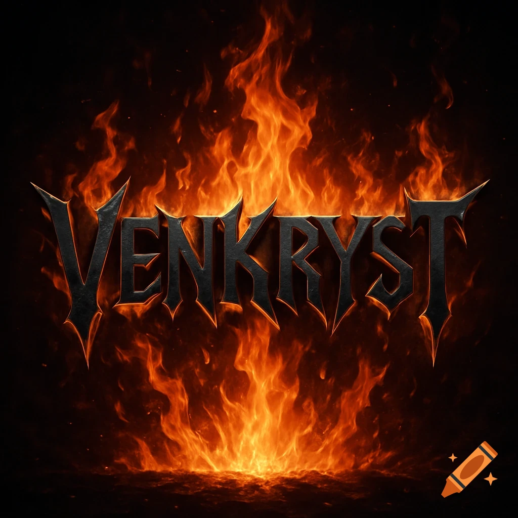 The word VENKRYST in a sharp, metallic font engulfed in bright orange and red flames against a dark background.