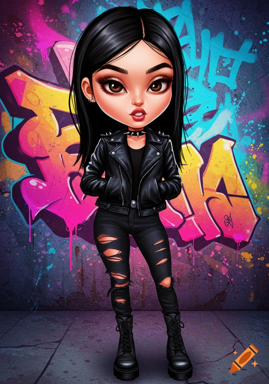 A stylized cartoon girl with black hair, a leather jacket, and ripped jeans stands in front of a colorful graffiti wall.