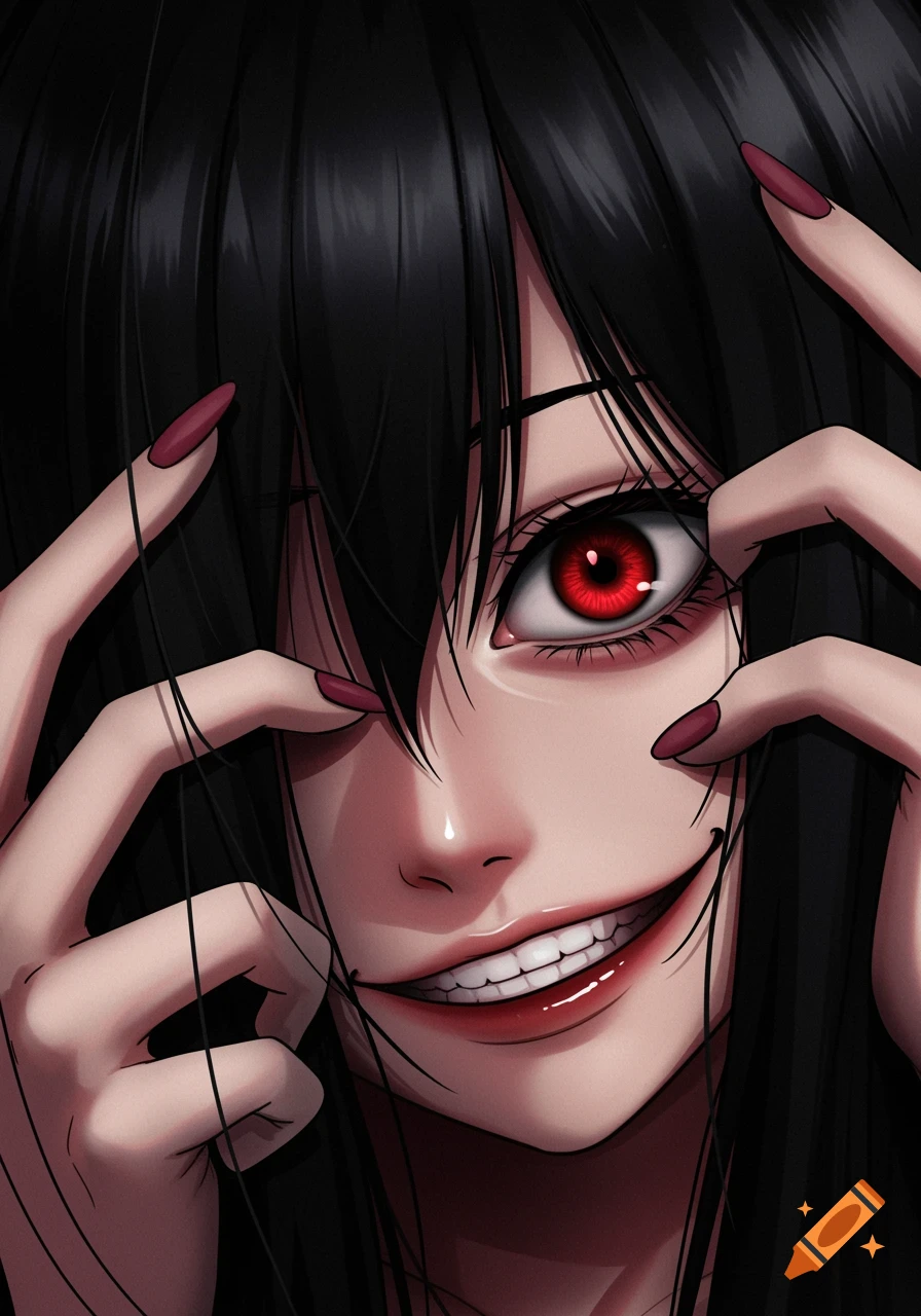 Anime portrait of a girl with black hair, wide red eyes, and a creepy smile, her hands pulling at her face.
