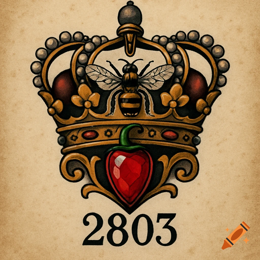 Traditional tattoo design of a gold crown with a bee, red pepper, and the number 2803.