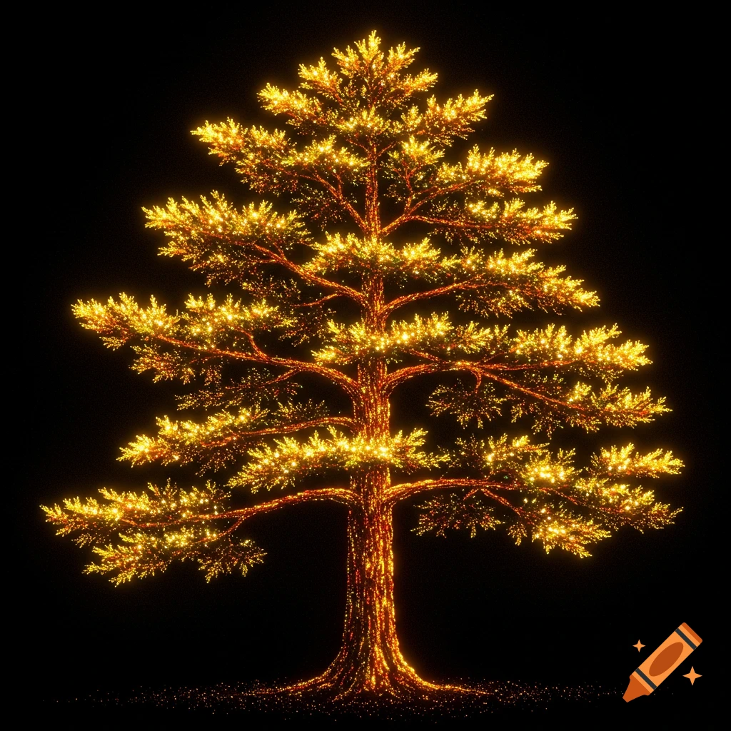 A digital rendering of a pine tree made of shimmering golden lights against a black background.