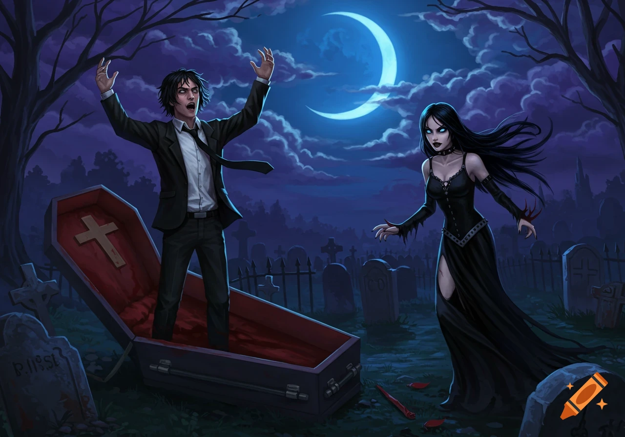 An illustrated horror scene of a man in a suit rising from a coffin as a gothic woman with long black hair stands nearby in a cemetery under a crescent moon.