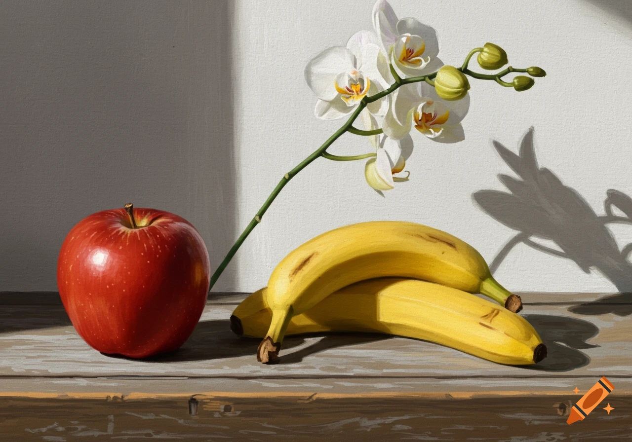 Photorealistic painting of a red apple, two yellow bananas, and a white orchid on a wooden table.