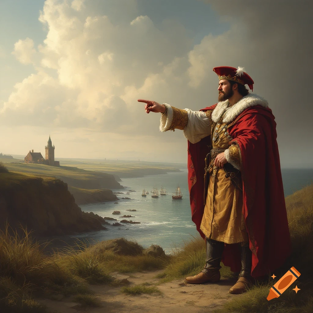 A man in a red cape and hat stands on a grassy cliff, pointing towards sailing ships on the sea and a castle in the distance.