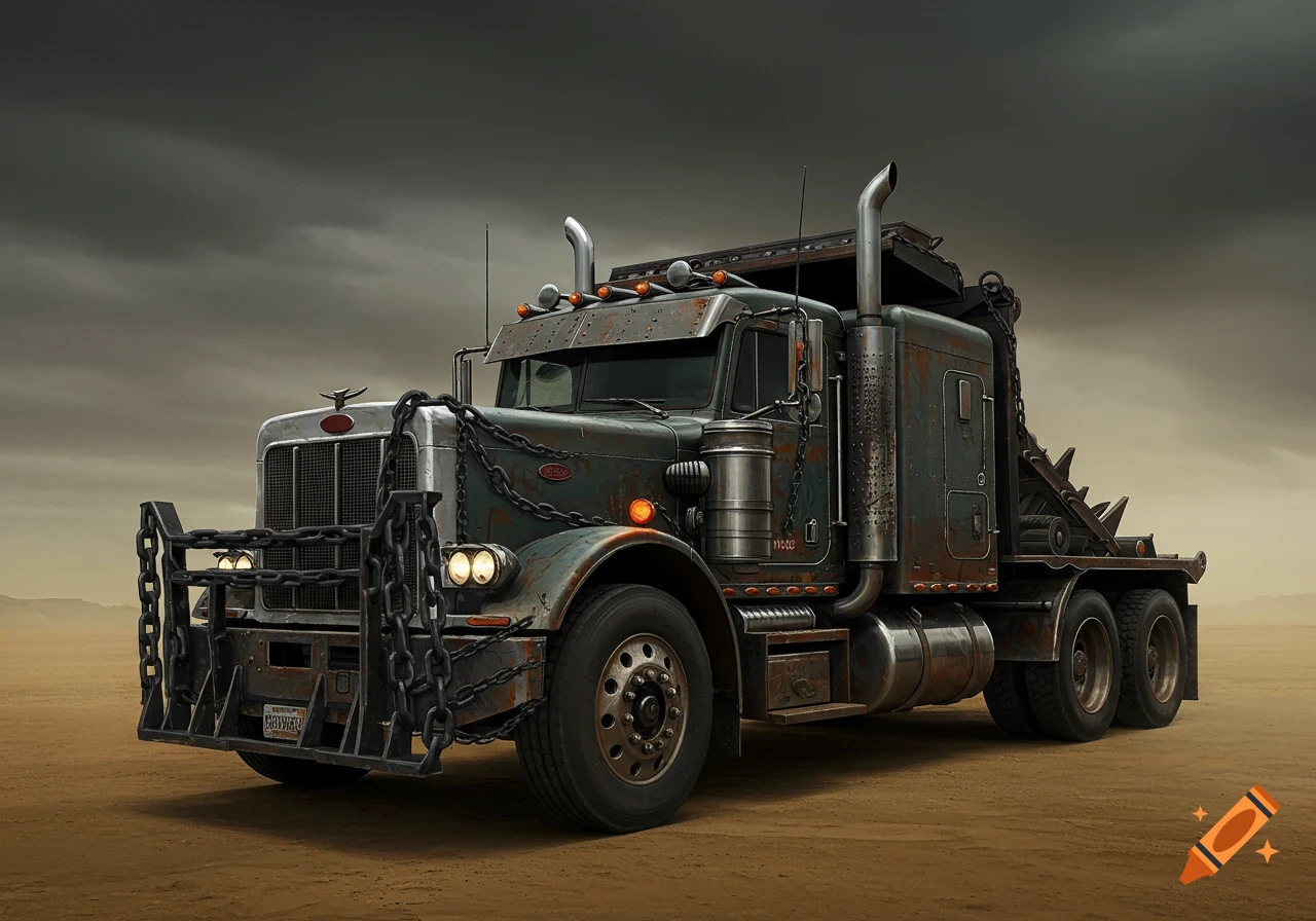 A rusty, armored Peterbilt truck with heavy chains on the front bumper, set against a desolate, cloudy landscape.