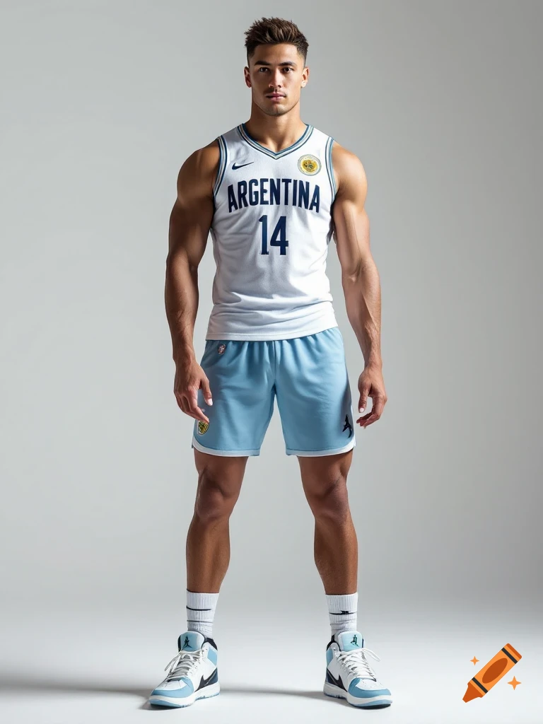 A muscular man in a white Argentina basketball jersey, light blue shorts, and sneakers stands against a plain background.