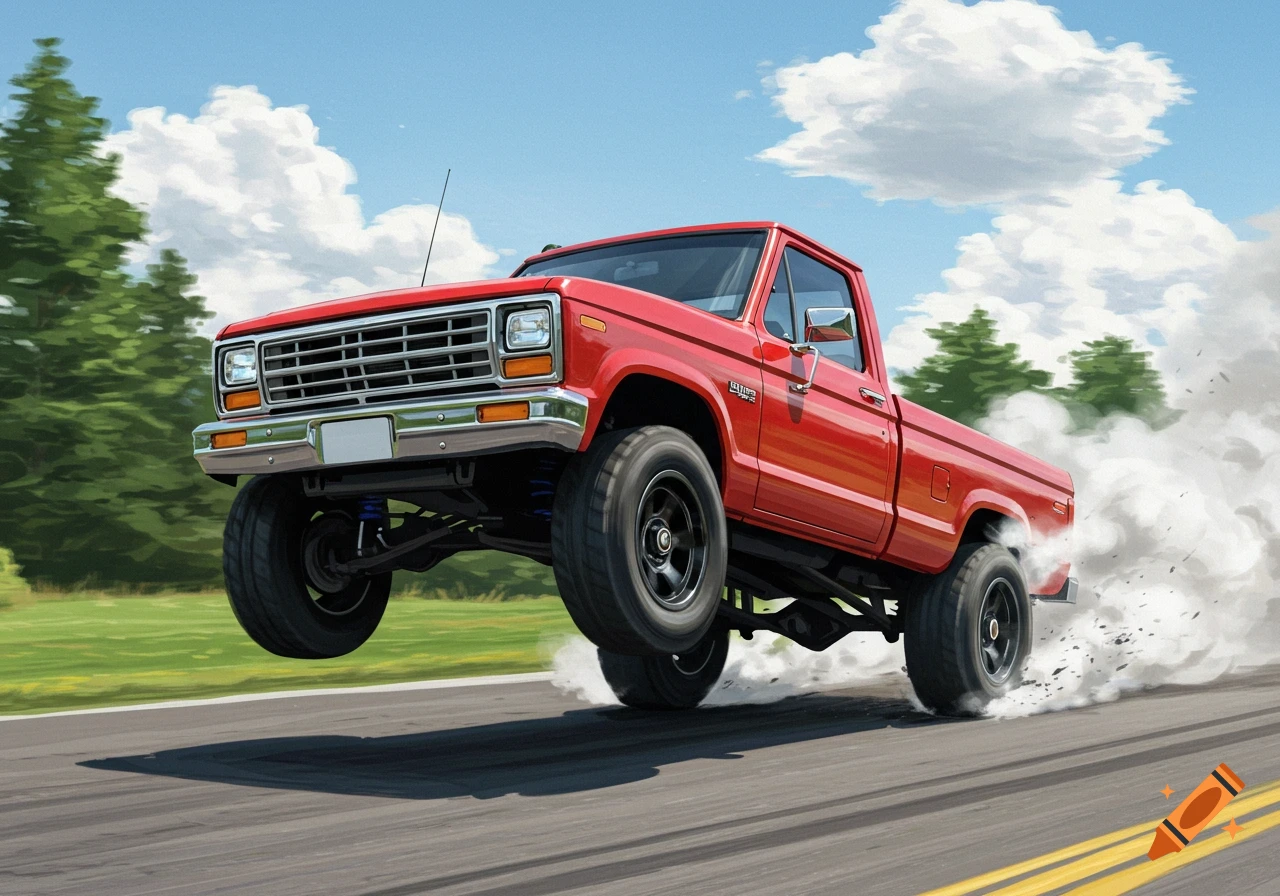 A red 1980s-style pickup truck does a wheelie on an asphalt road, with smoke billowing from its rear tires, under a blue sky.