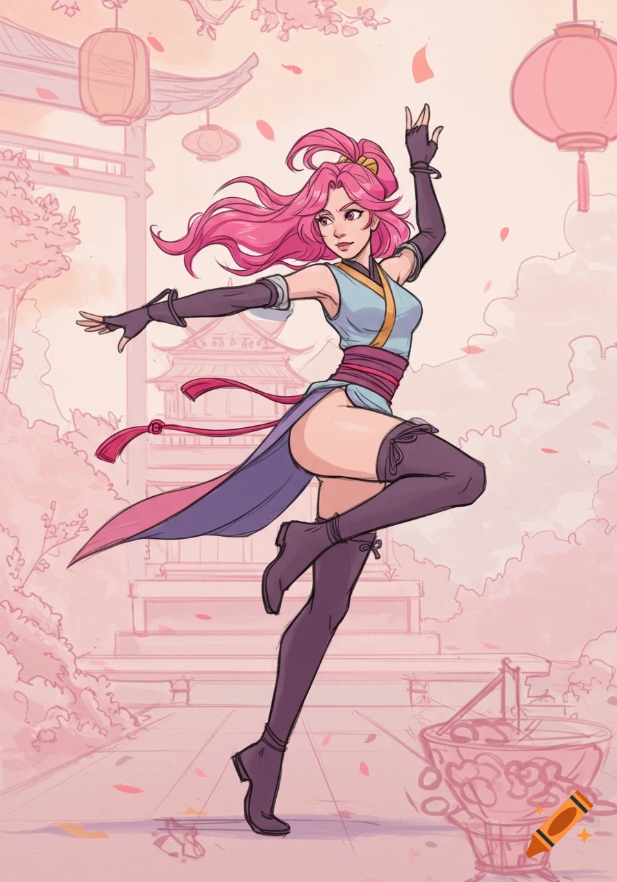 Anime-style female character with pink hair in a dynamic martial arts pose amidst oriental architecture.