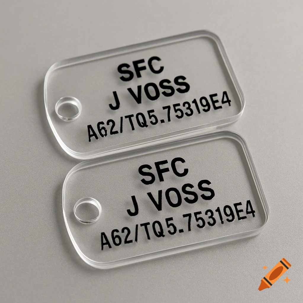 Two clear acrylic military dog tags with black engraved text 'SFC J VOSS A62/TQ5.75319E4' on a grey background.