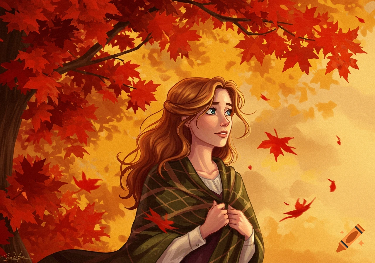 An illustration of a woman with long red hair, wearing a plaid shawl, looking up at red and orange autumn leaves on a tree.