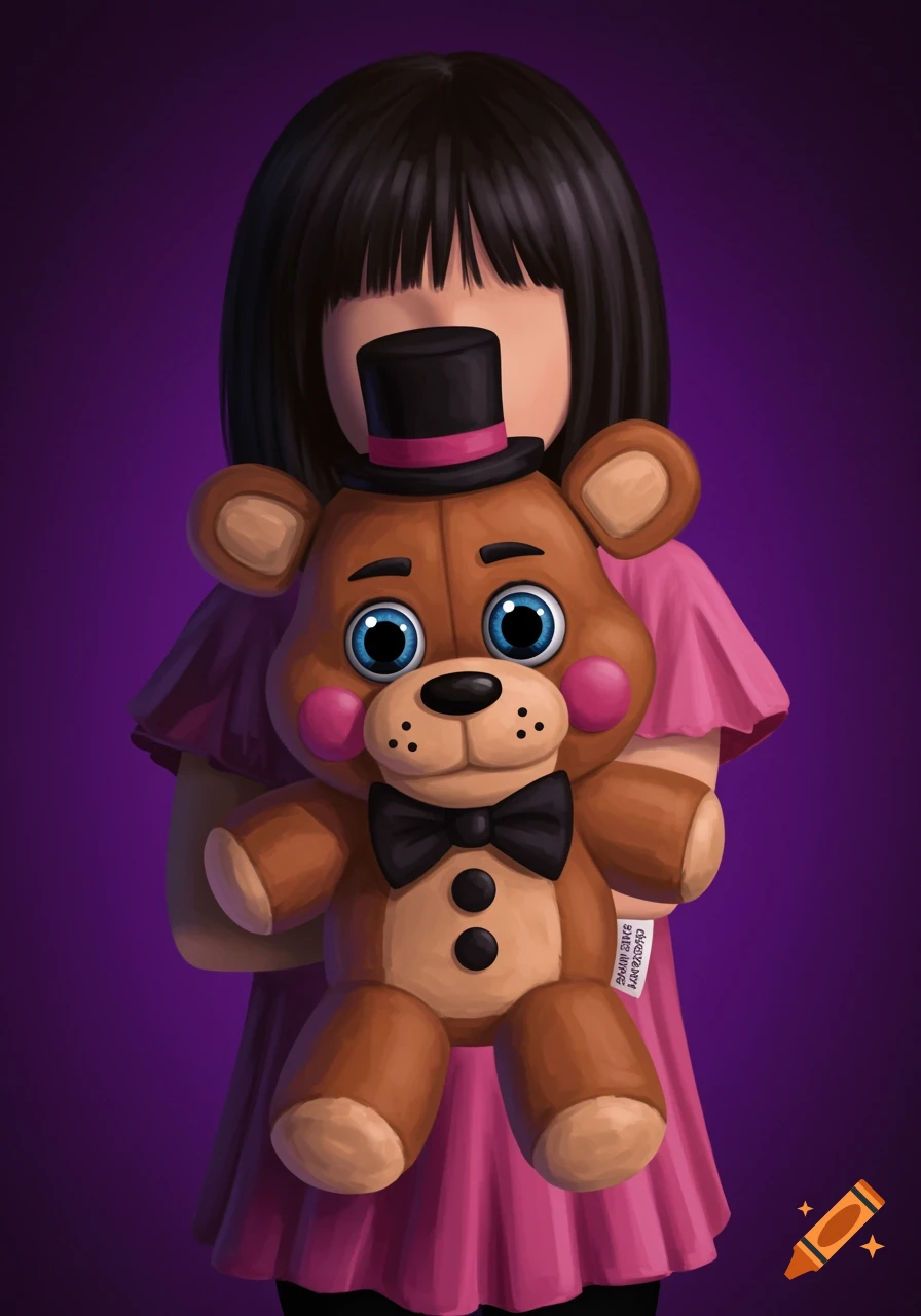 A stylized illustration of a child holding a brown Freddy Fazbear plush toy with a top hat and bow tie against a purple background.