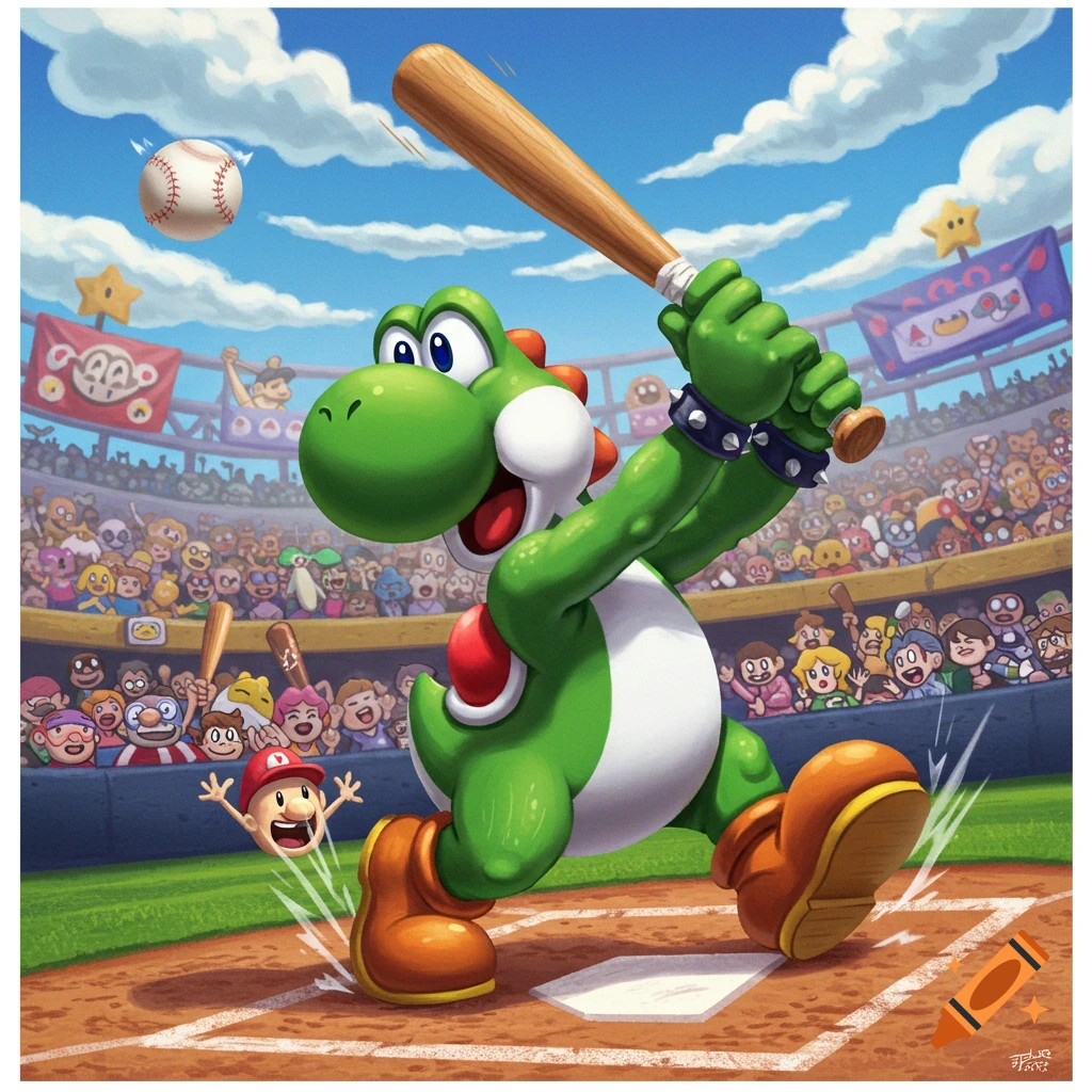 Yoshi, the green dinosaur character, swings a baseball bat at a stadium. A baseball is in the air. A crowd watches from the stands.